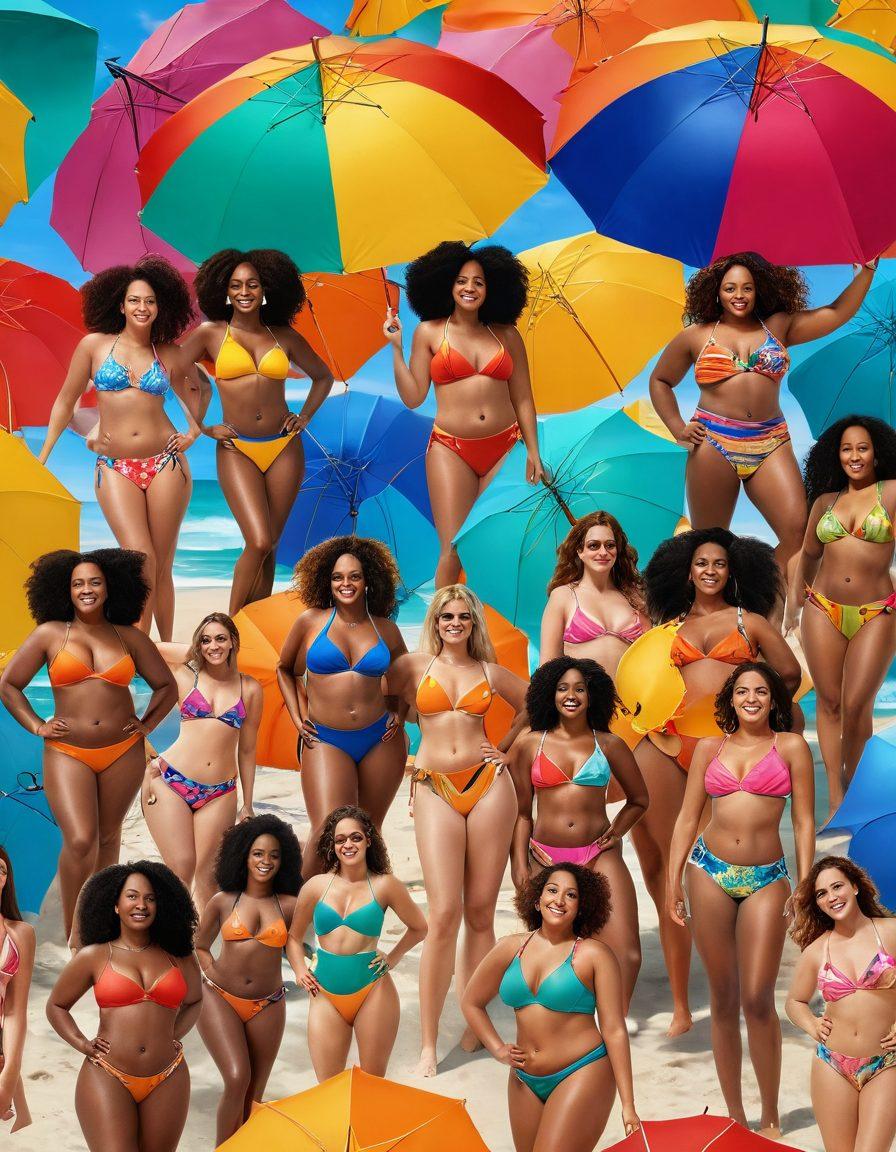 A diverse group of confident individuals of all shapes and sizes flaunting vibrant swimwear on a sun-kissed beach, surrounded by colorful beach umbrellas and playful waves. Include elements of joy and self-acceptance, with smiles and fun poses. The scene should be bright and inviting, emphasizing body positivity and inclusivity. super-realistic. vibrant colors. outdoor setting.